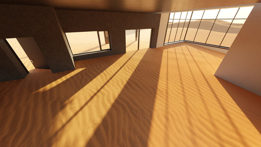 Interior room with sandy floor and desert view.